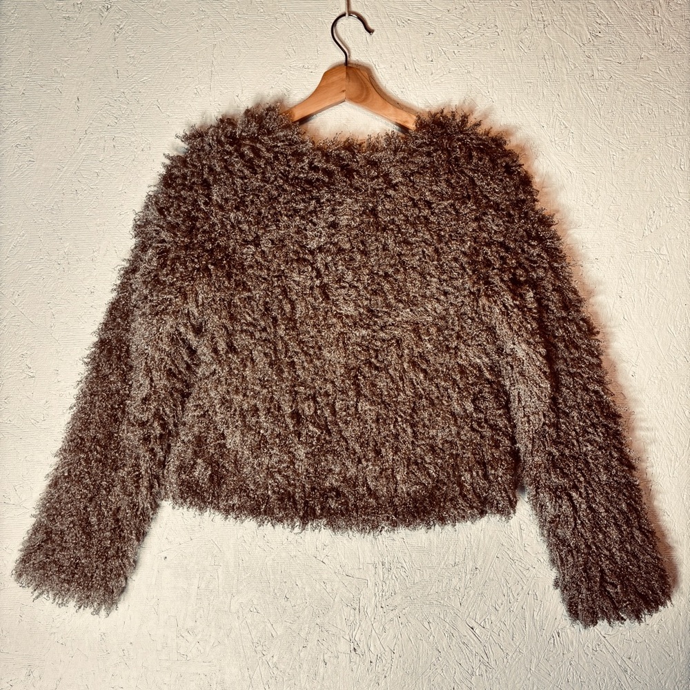 NWT Max Studio Womens Size S Faux Curly Lamb Fur Satin Tie Jacket Super Cute Tan - Picture 2 of 10
